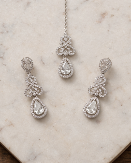 Luxury American Diamond Necklace Set with Earrings and Maang tika | Premium Silver Plated Crystal Jewelry