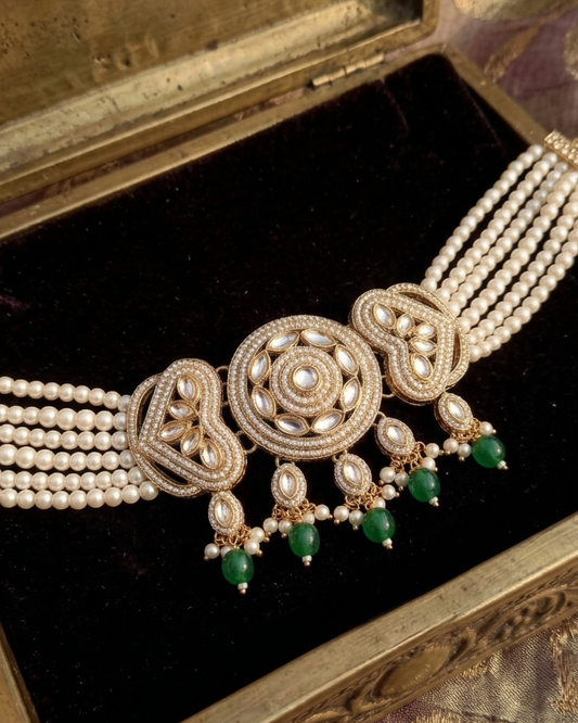 Royal Pearl & Emerald Green Choker Set with Earrings and Maang Tikka