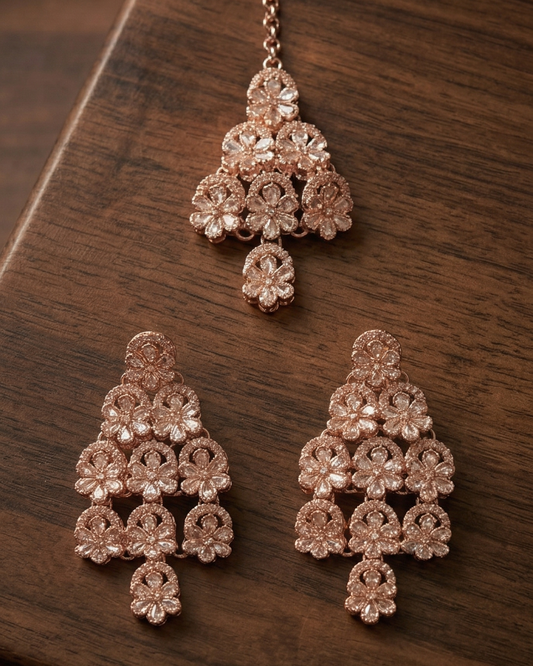 Rose Gold Floral AD Necklace Set with Earrings & Maang Tikka