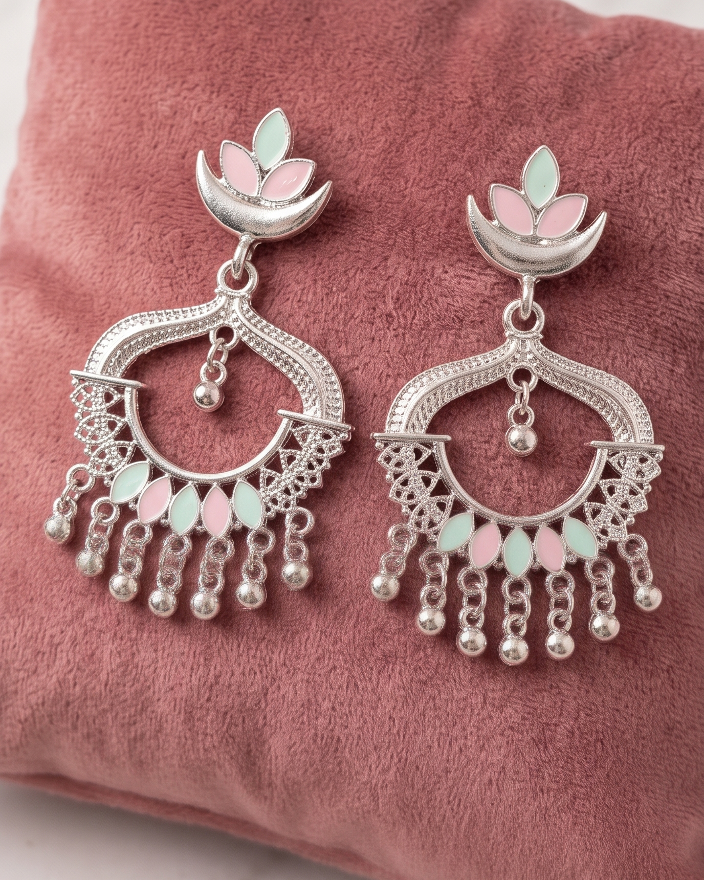 Pastel Lotus Oxidised Chandbali Earrings