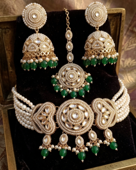 Royal Pearl & Emerald Green Choker Set with Earrings and Maang Tikka
