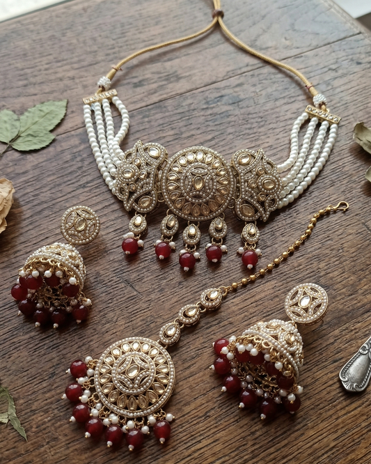 Royal Pearl & Emerald Red Choker Set with Earrings and Maang Tikka