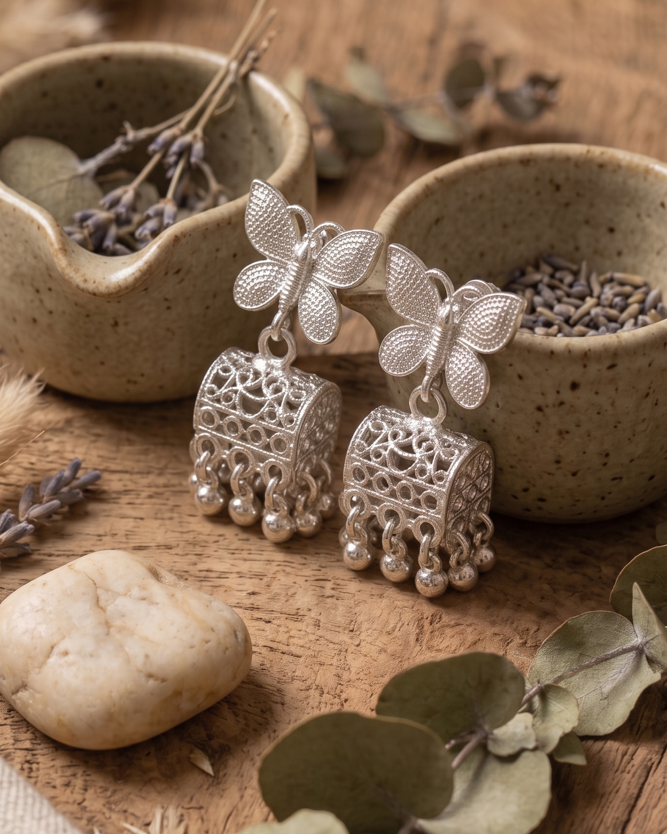 Silver Butterfly Ghungroo Drop Earrings