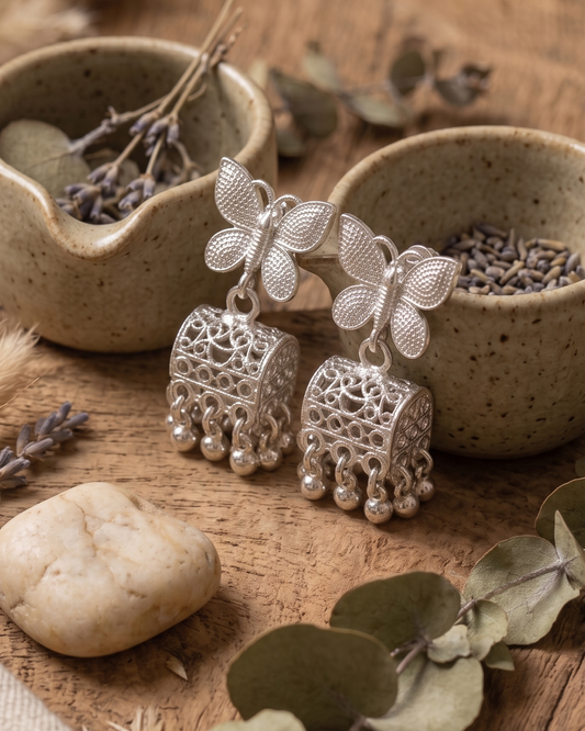 Silver Butterfly Ghungroo Drop Earrings