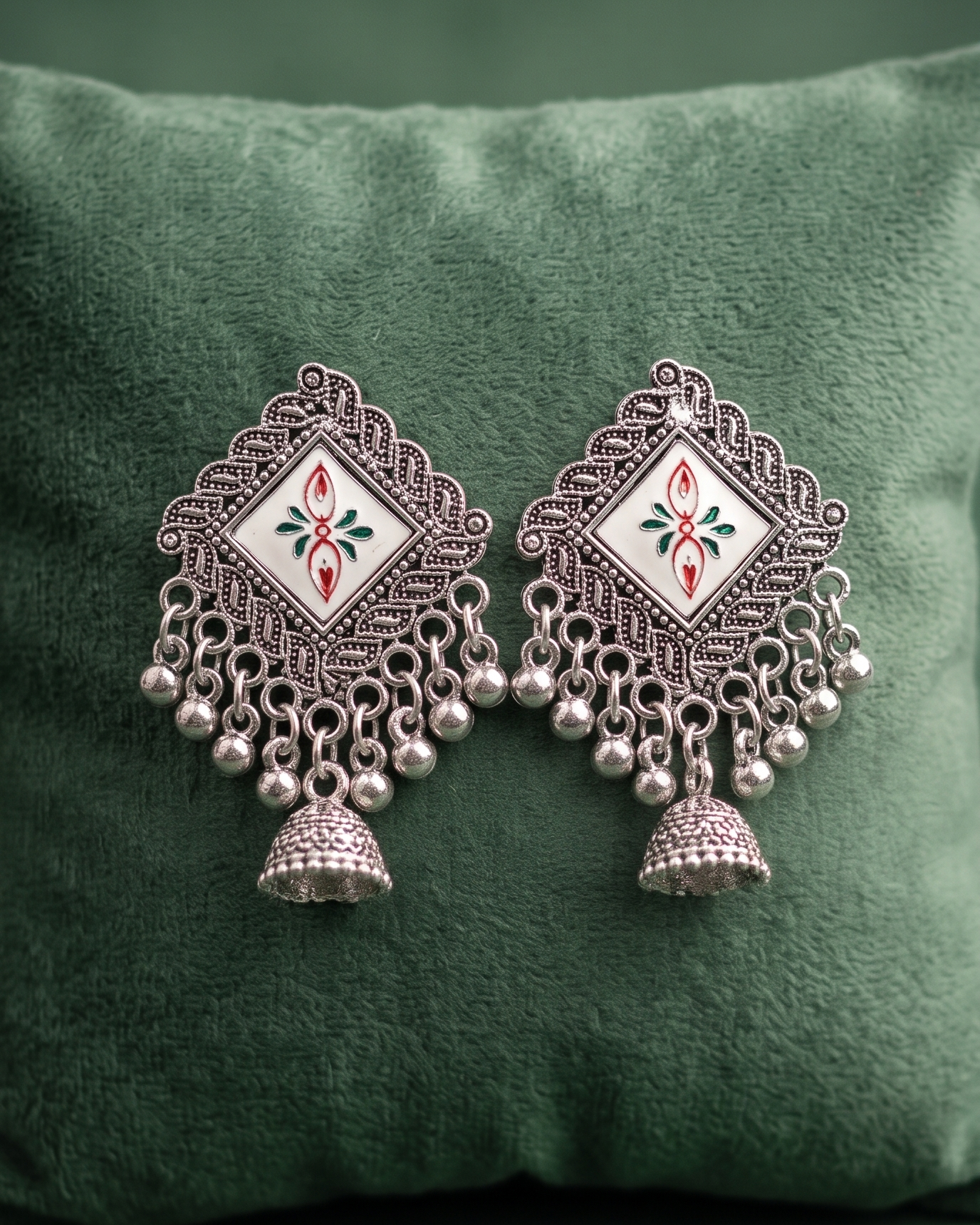 Oxidised Jhumki Tassel Earrings – White Enamel Statement Drops