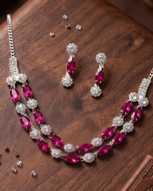 Ruby Elegance Double Layer Necklace Set with Earrings
