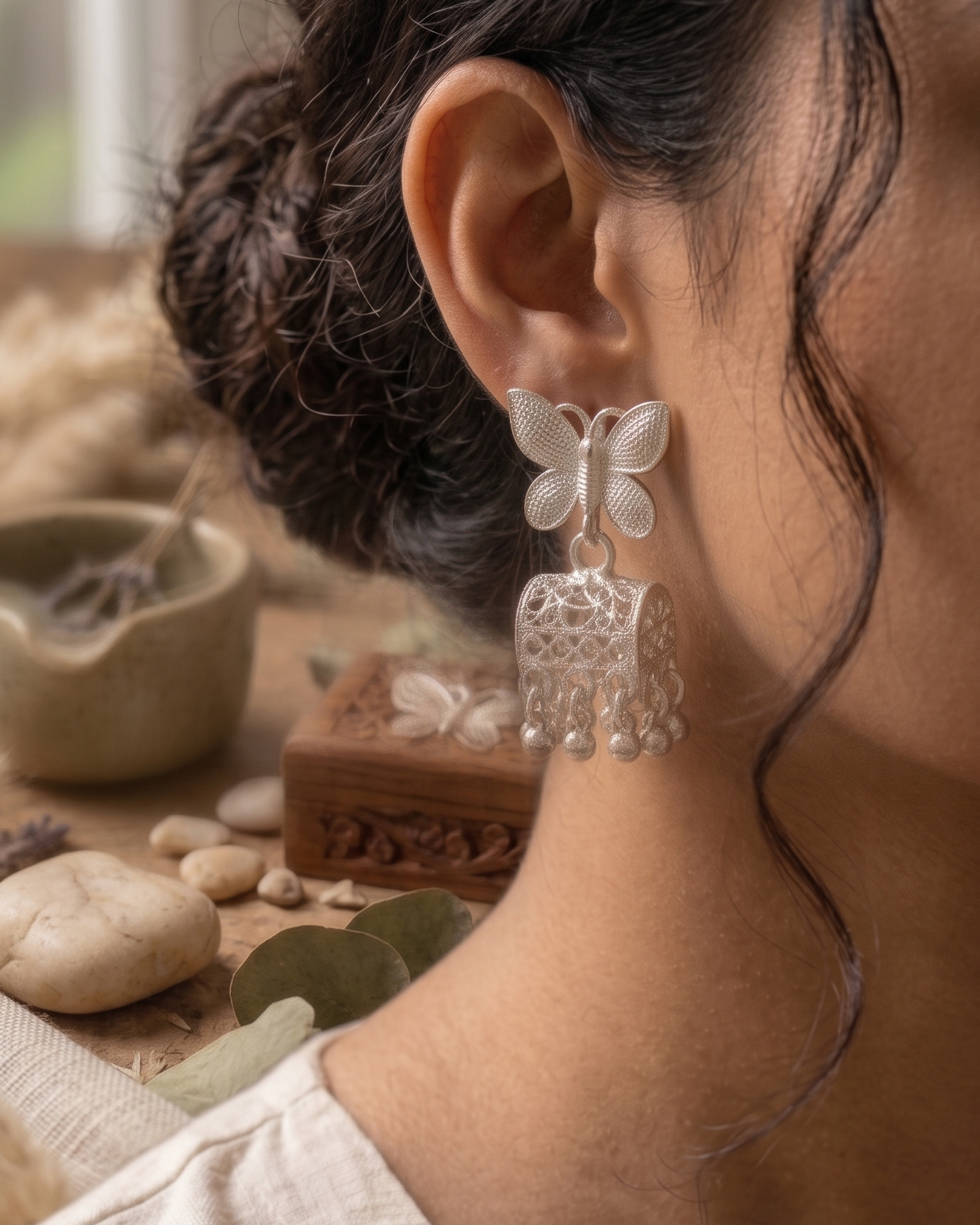 Silver Butterfly Ghungroo Drop Earrings