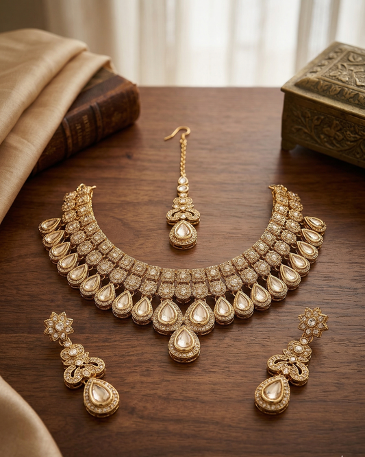 Luxury American Diamond Necklace Set with Earrings and Maang tika | Premium Gold Plated Crystal Jewelry