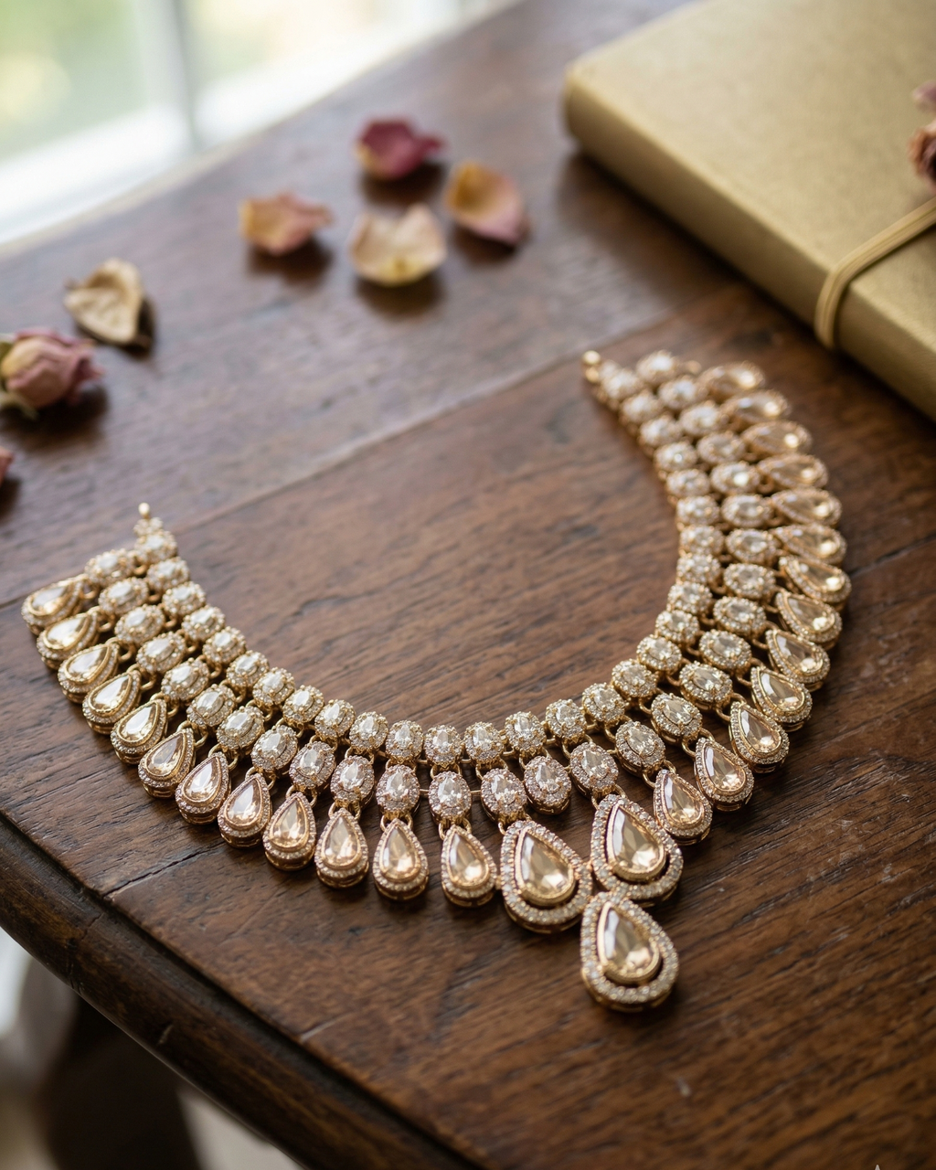 Luxury American Diamond Necklace Set with Earrings and Maang tika | Premium Gold Plated Crystal Jewelry