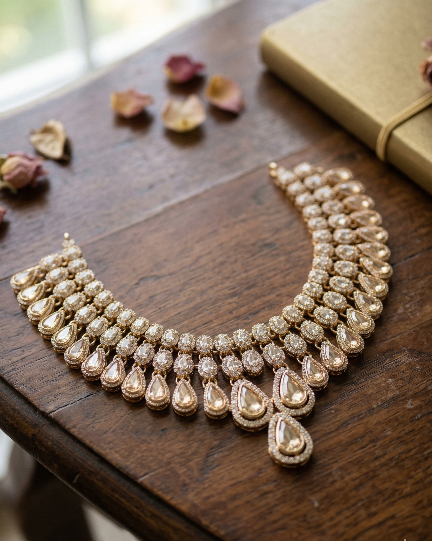 Luxury American Diamond Necklace Set with Earrings and Maang tika | Premium Gold Plated Crystal Jewelry