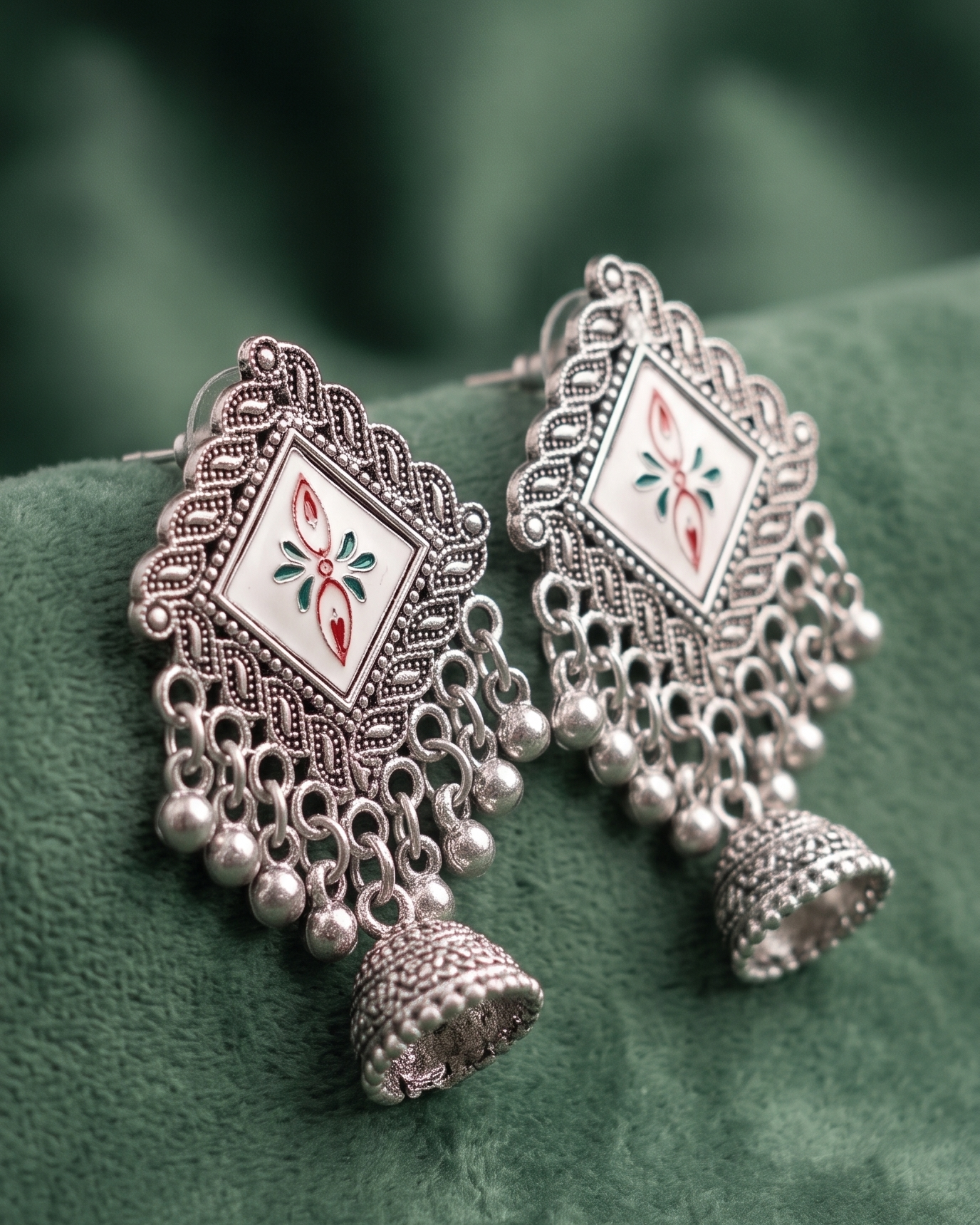 Oxidised Jhumki Tassel Earrings – White Enamel Statement Drops