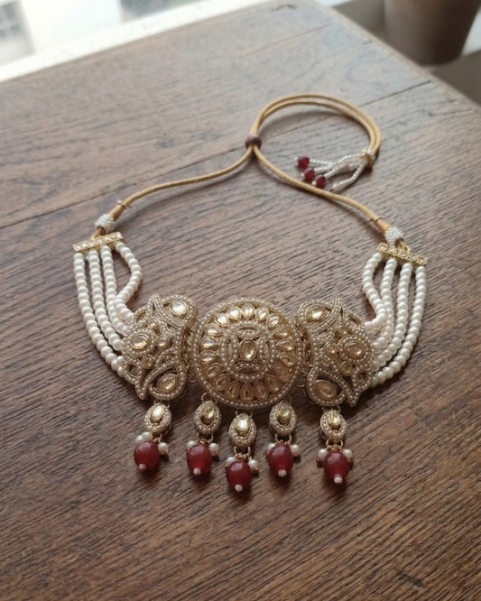 Royal Pearl & Emerald Red Choker Set with Earrings and Maang Tikka
