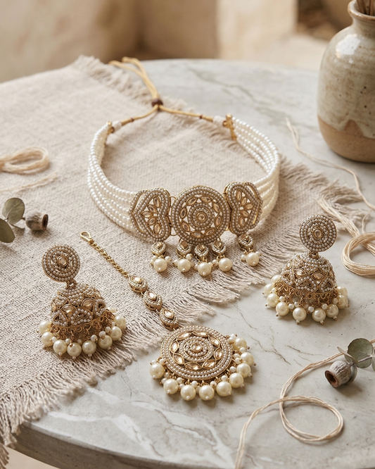 Royal Pearl & Emerald White Choker Set with Earrings and Maang Tikka