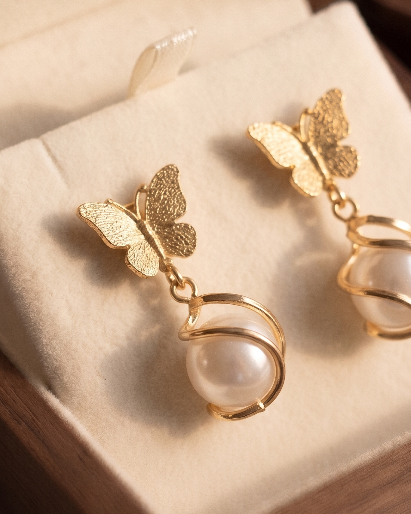 Golden Butterfly Pearl Drop Earrings
