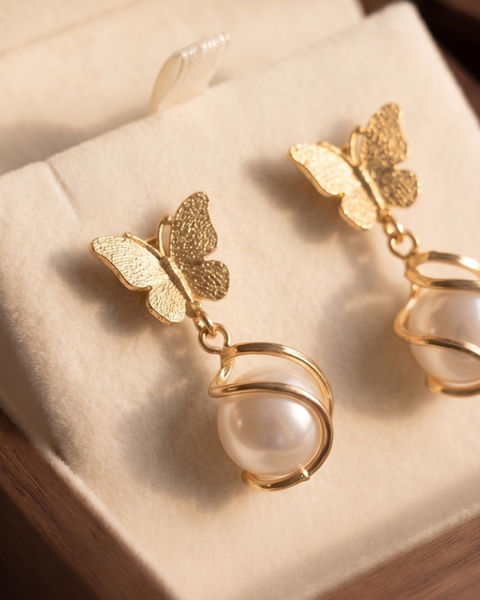 Golden Butterfly Pearl Drop Earrings