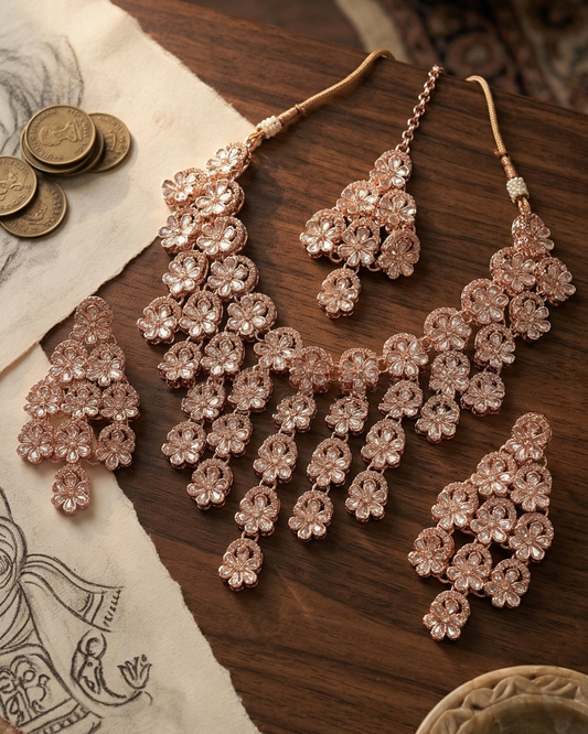 Rose Gold Floral AD Necklace Set with Earrings & Maang Tikka
