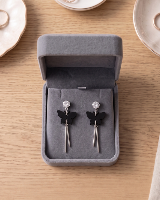 Midnight Butterfly Tassel Drop Earrings