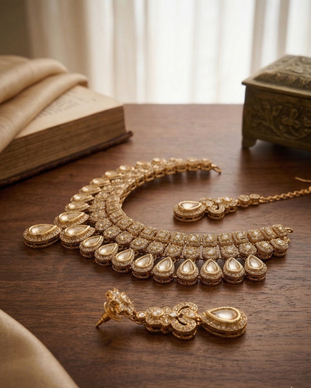 Luxury American Diamond Necklace Set with Earrings and Maang tika | Premium Gold Plated Crystal Jewelry