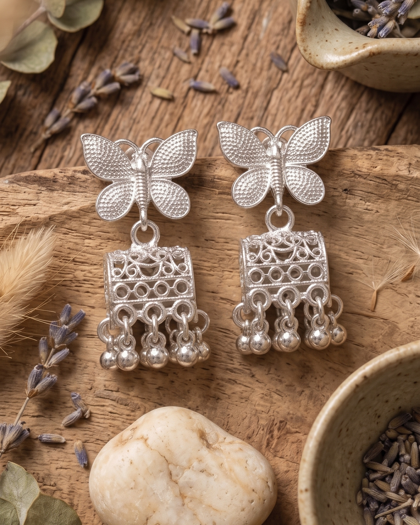 Silver Butterfly Ghungroo Drop Earrings