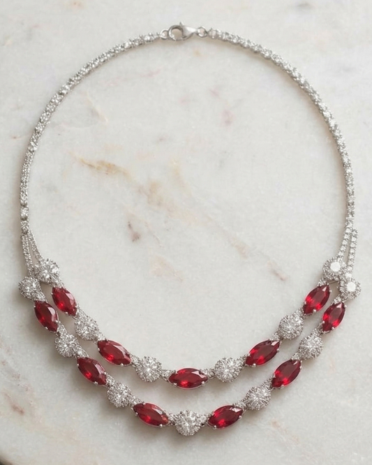 Ruby Elegance Double Layer Necklace Set with Earrings