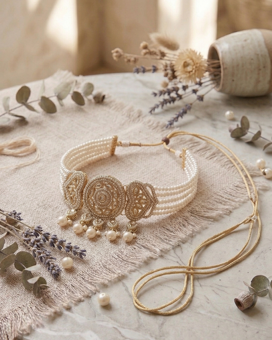 Royal Pearl & Emerald White Choker Set with Earrings and Maang Tikka