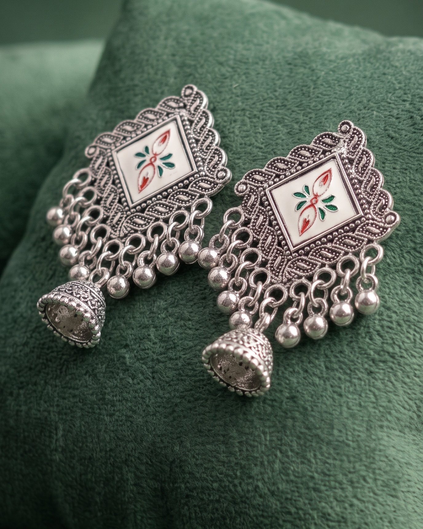 Oxidised Jhumki Tassel Earrings – White Enamel Statement Drops