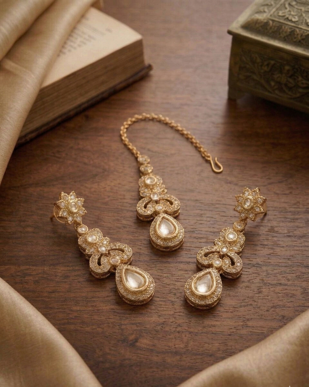 Luxury American Diamond Necklace Set with Earrings and Maang tika | Premium Gold Plated Crystal Jewelry