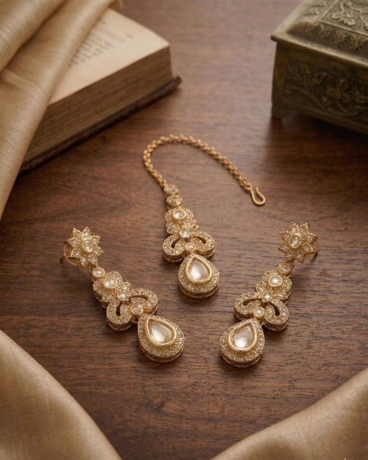 Luxury American Diamond Necklace Set with Earrings and Maang tika | Premium Gold Plated Crystal Jewelry