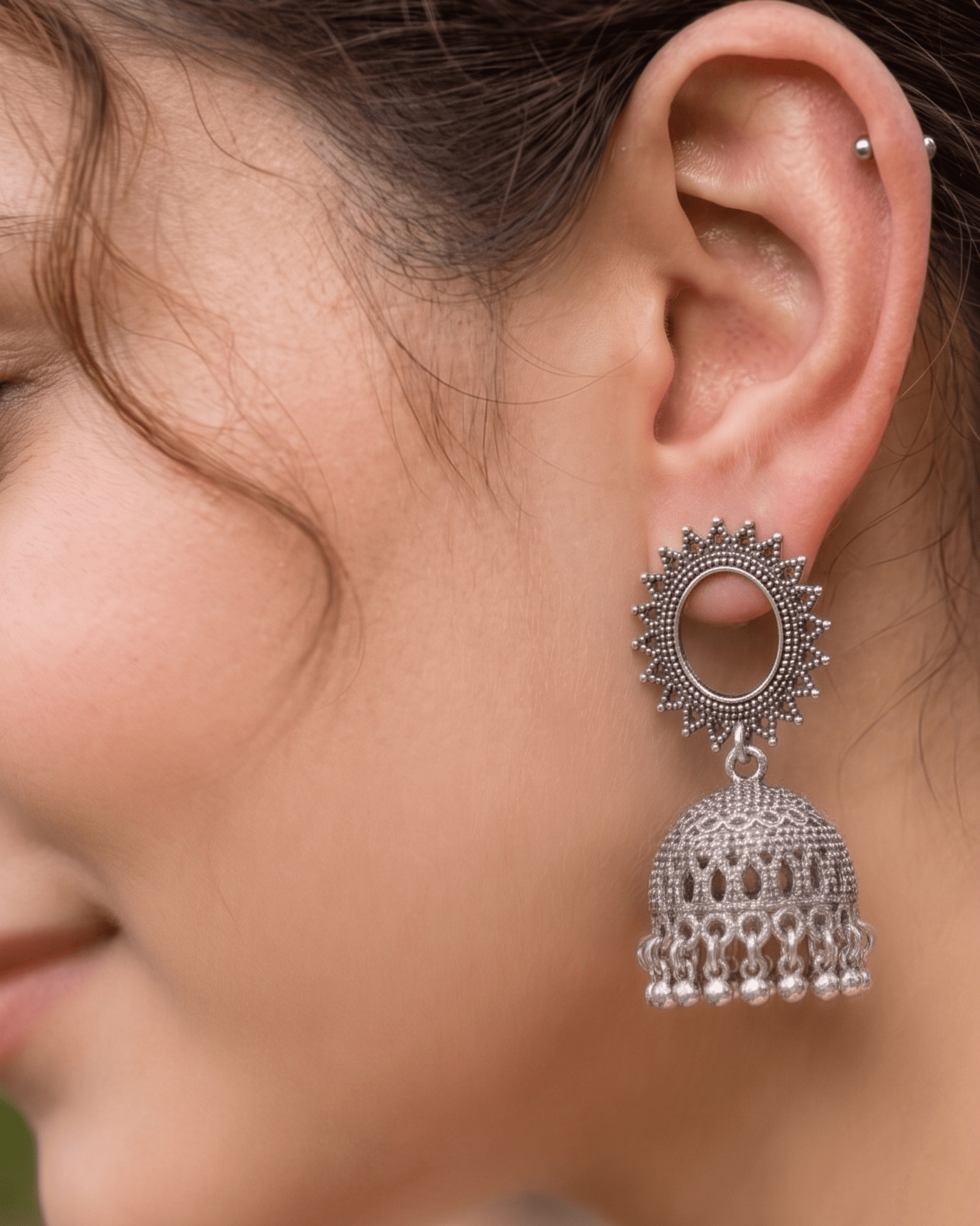 Celestial Oxidised Silver Jhumka Earrings - Sannu Fashion Store