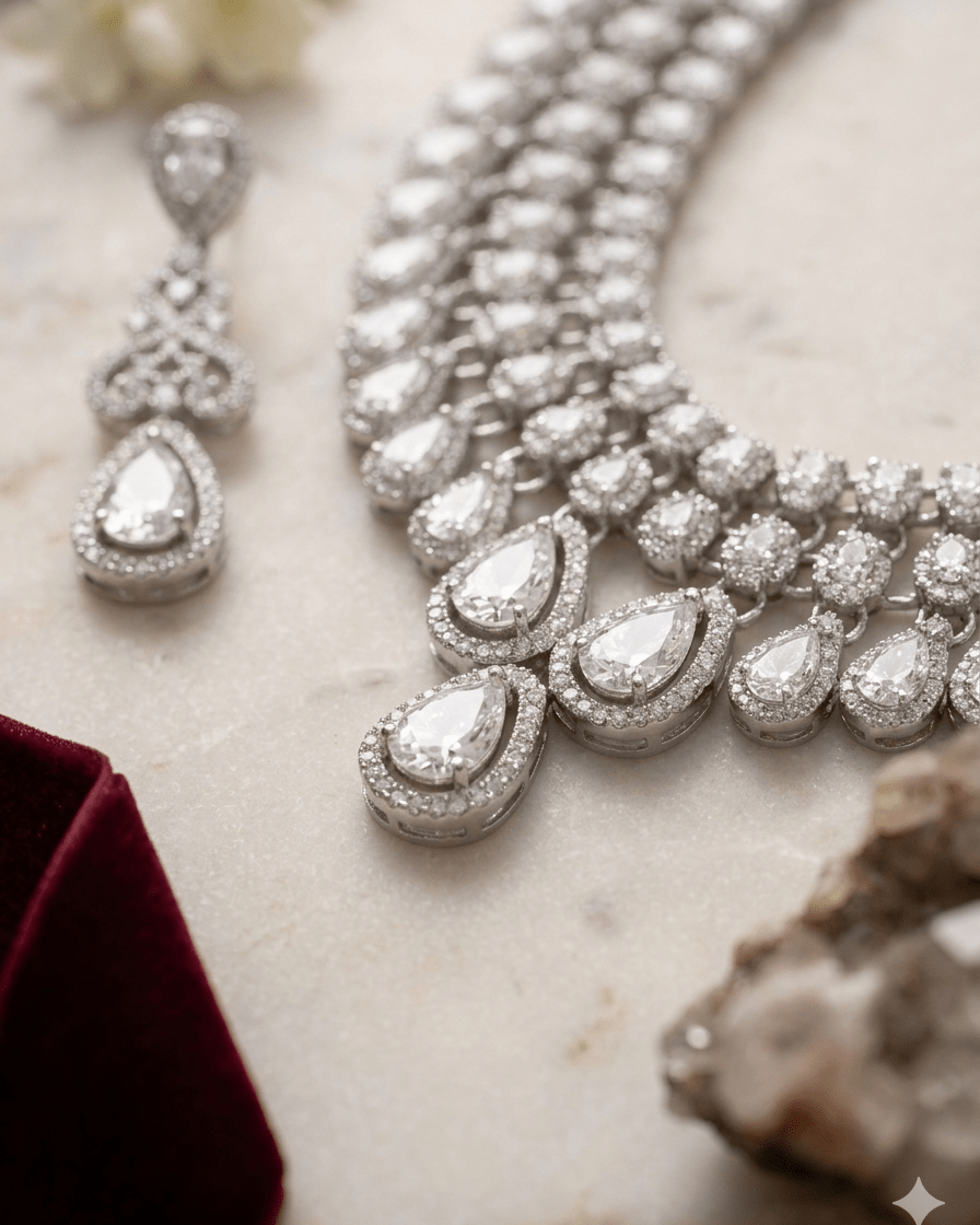 Luxury American Diamond Necklace Set with Earrings and Maang tika | Premium Silver Plated Crystal Jewelry - Sannu Fashion Store