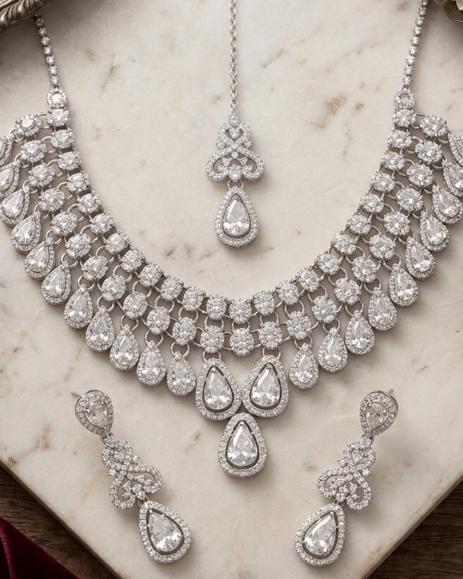 Luxury American Diamond Necklace Set with Earrings and Maang tika | Premium Silver Plated Crystal Jewelry - Sannu Fashion Store