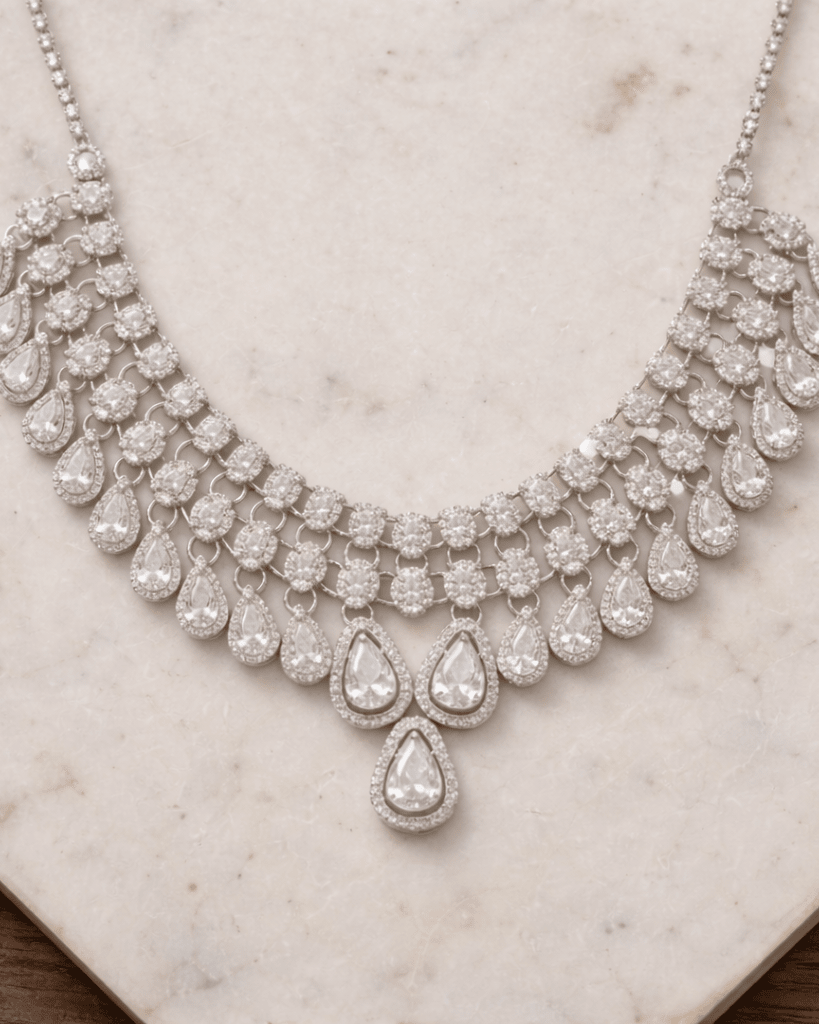 Luxury American Diamond Necklace Set with Earrings and Maang tika | Premium Silver Plated Crystal Jewelry - Sannu Fashion Store