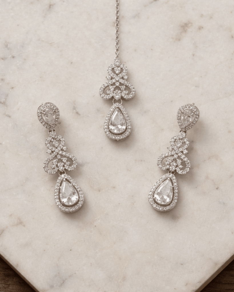 Luxury American Diamond Necklace Set with Earrings and Maang tika | Premium Silver Plated Crystal Jewelry - Sannu Fashion Store