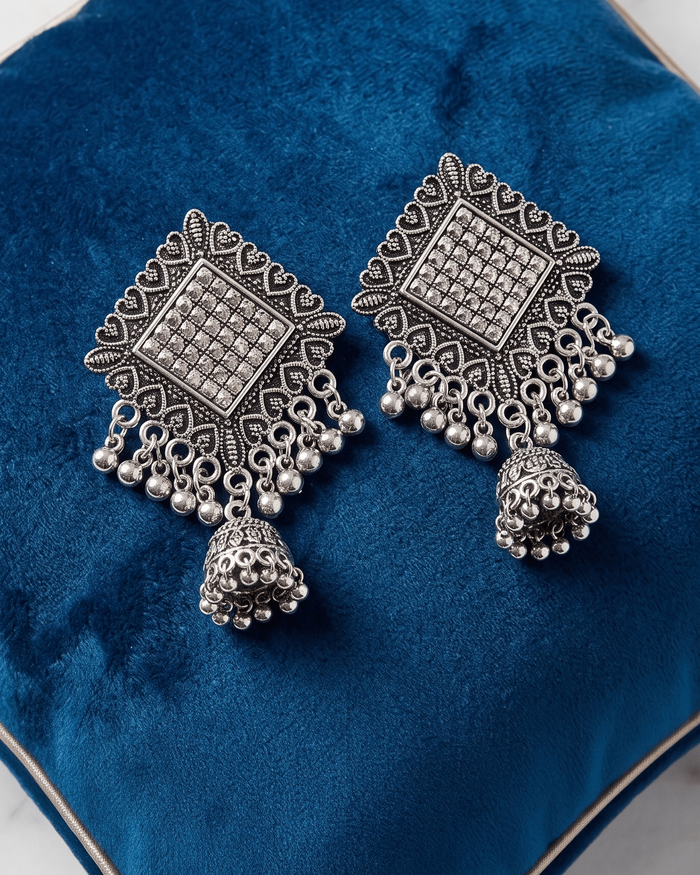 Oxidised Jhumki Earrings – Vintage Silver Statement Drops - Sannu Fashion Store