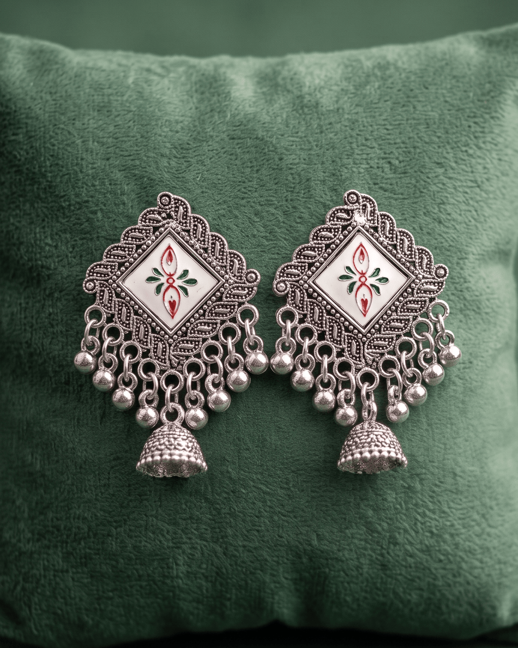 Oxidised Jhumki Tassel Earrings – White Enamel Statement Drops - Sannu Fashion Store