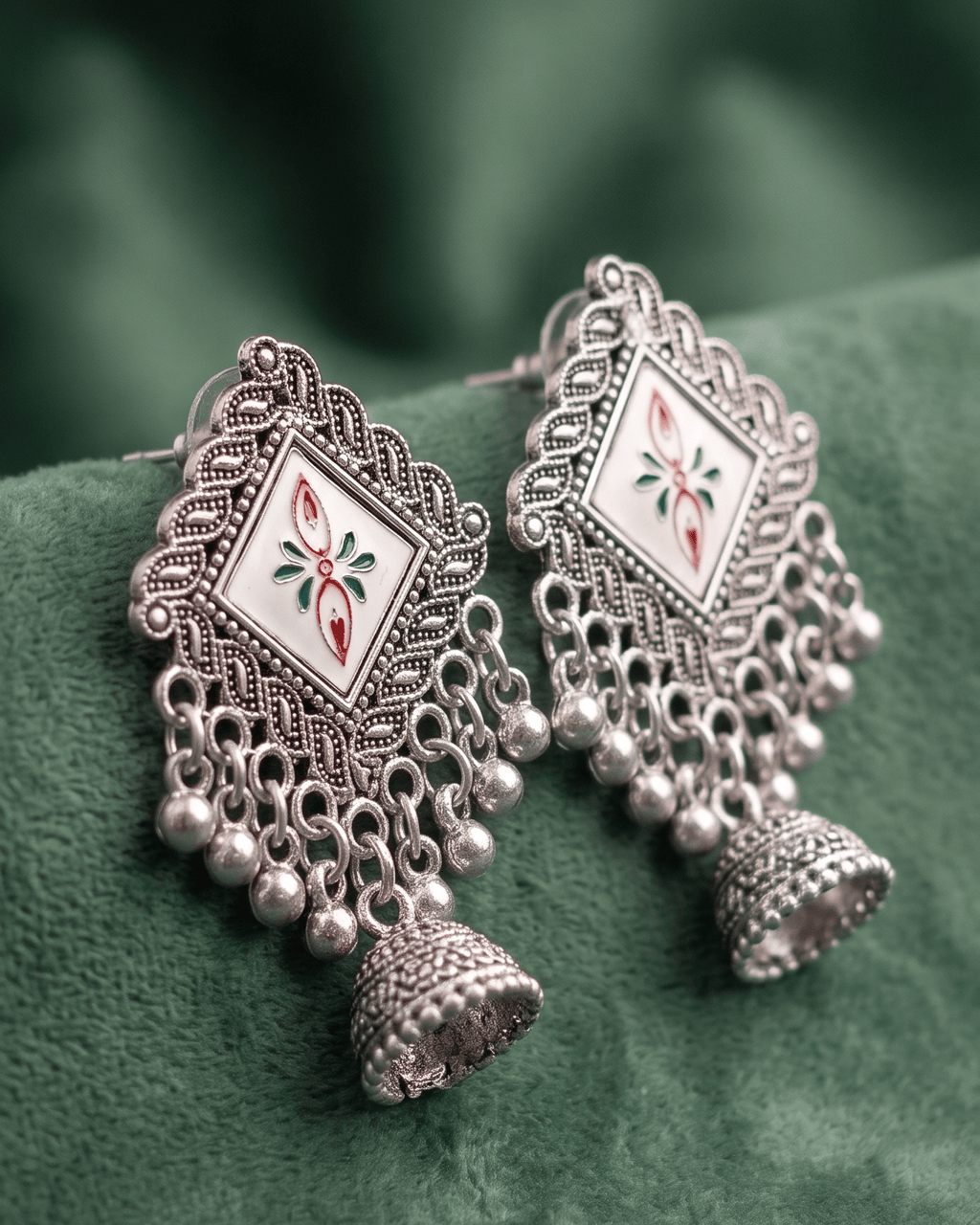 Oxidised Jhumki Tassel Earrings – White Enamel Statement Drops - Sannu Fashion Store