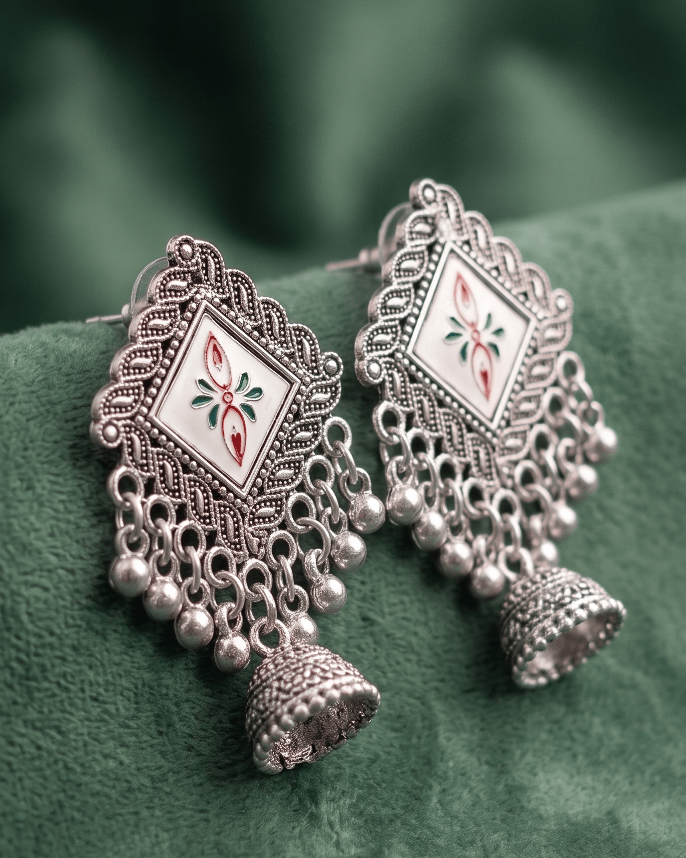 Oxidised Jhumki Tassel Earrings – White Enamel Statement Drops - Sannu Fashion Store