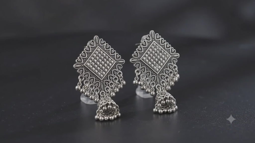 Oxidised Jhumki Earrings – Vintage Silver Statement Drops