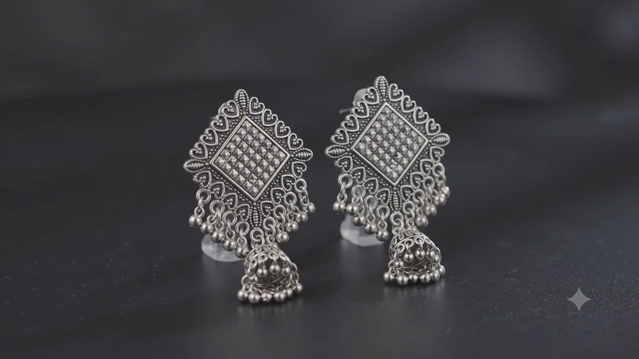 Oxidised Jhumki Earrings – Vintage Silver Statement Drops