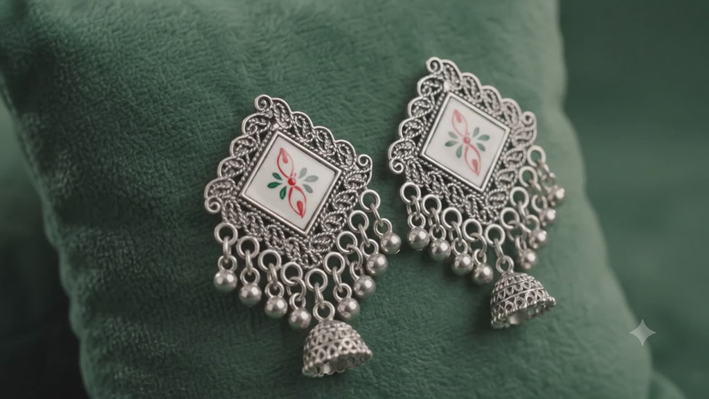 Oxidised Jhumki Tassel Earrings – White Enamel Statement Drops