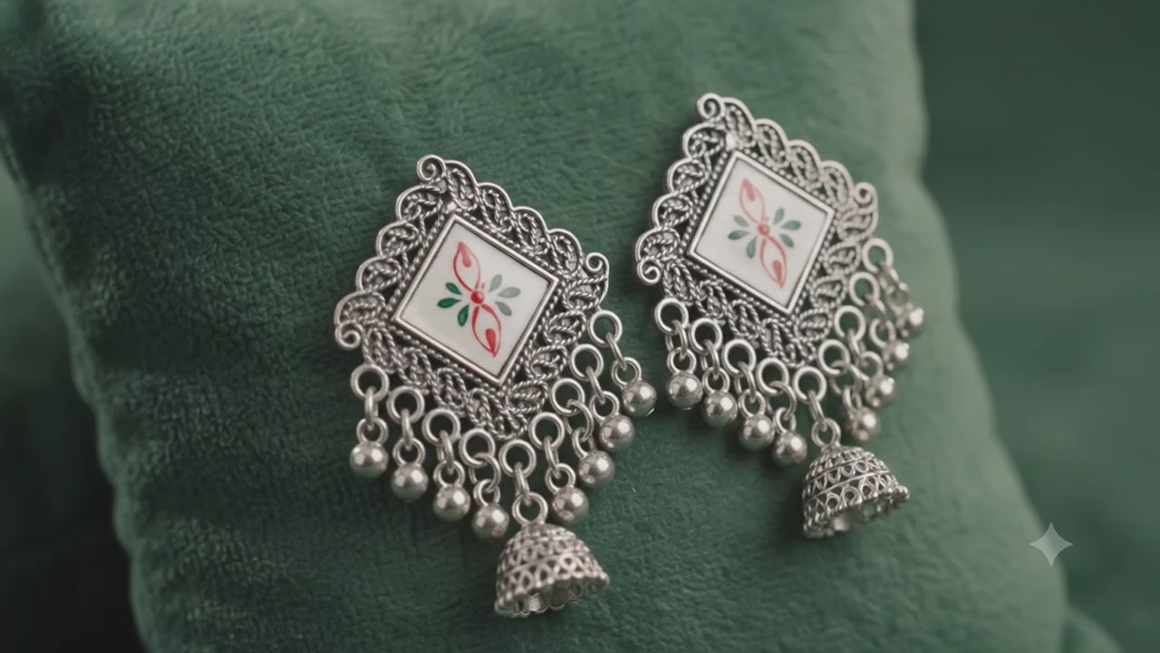 Oxidised Jhumki Tassel Earrings – White Enamel Statement Drops