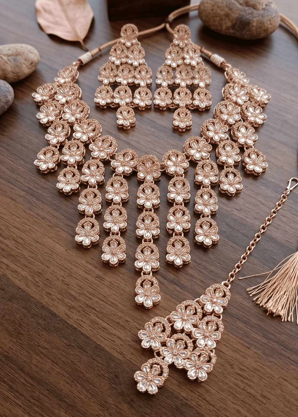 Rose Gold Floral AD Necklace Set with Earrings & Maang Tikka - Sannu Fashion Store