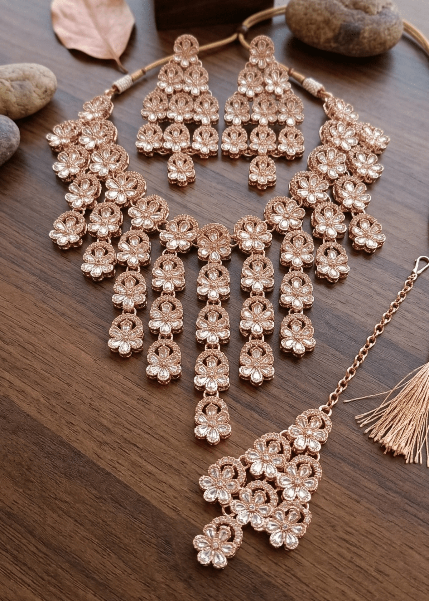 Rose Gold Floral AD Necklace Set with Earrings & Maang Tikka - Sannu Fashion Store