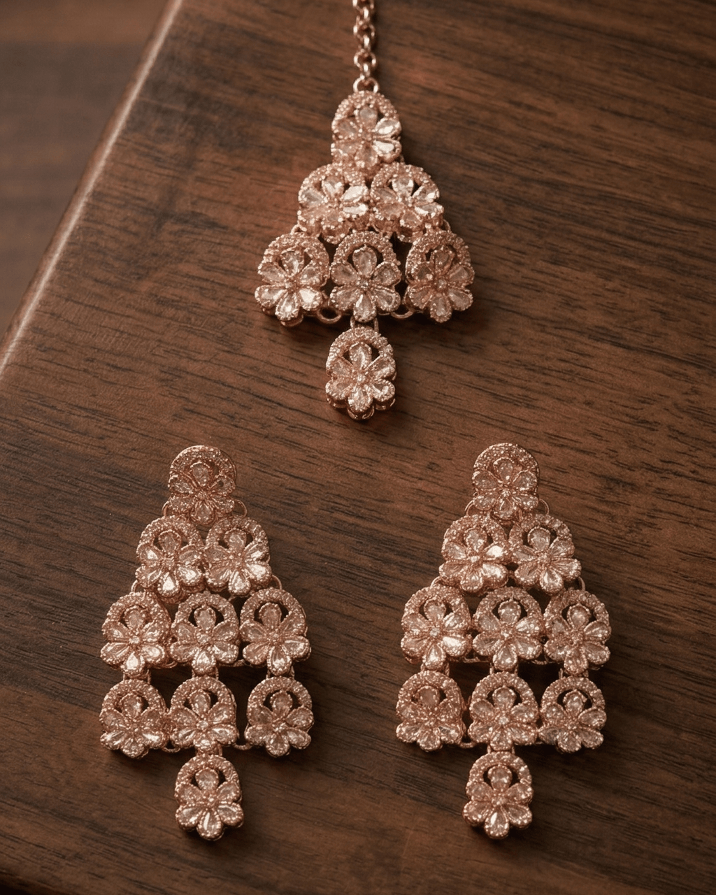 Rose Gold Floral AD Necklace Set with Earrings & Maang Tikka - Sannu Fashion Store