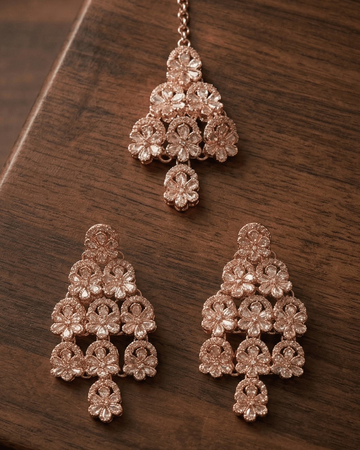 Rose Gold Floral AD Necklace Set with Earrings & Maang Tikka - Sannu Fashion Store