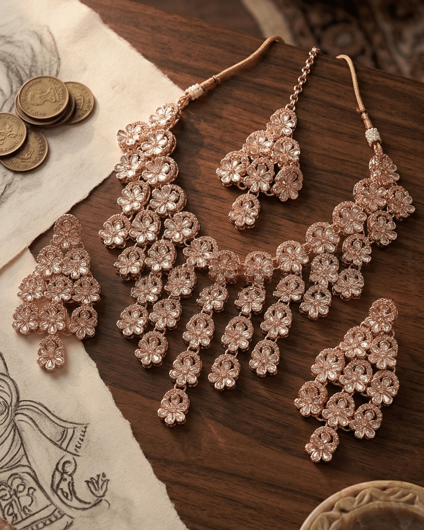 Rose Gold Floral AD Necklace Set with Earrings & Maang Tikka - Sannu Fashion Store
