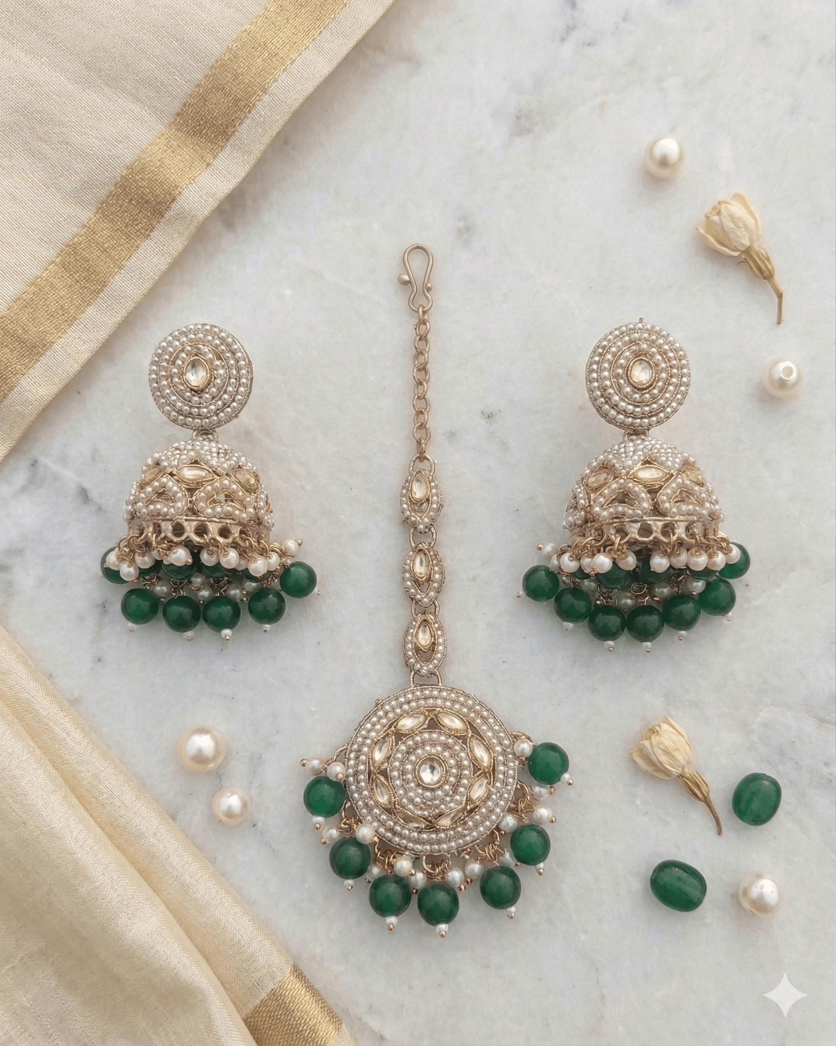 Royal Pearl & Emerald Green Choker Set with Earrings and Maang Tikka - Sannu Fashion Store