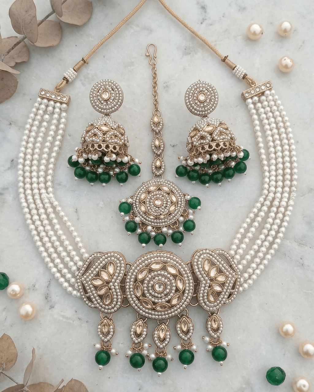 Royal Pearl & Emerald Green Choker Set with Earrings and Maang Tikka - Sannu Fashion Store