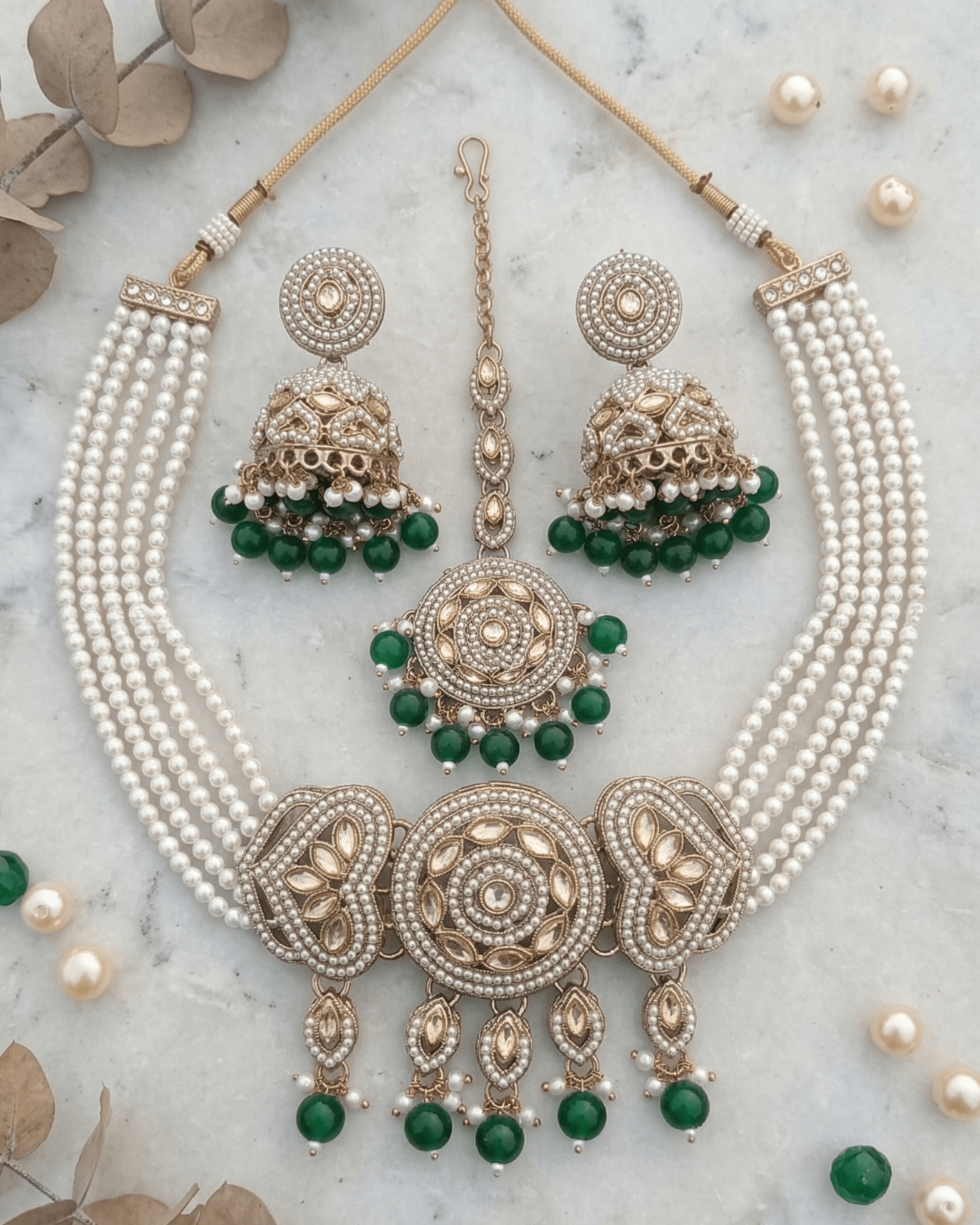 Royal Pearl & Emerald Green Choker Set with Earrings and Maang Tikka - Sannu Fashion Store