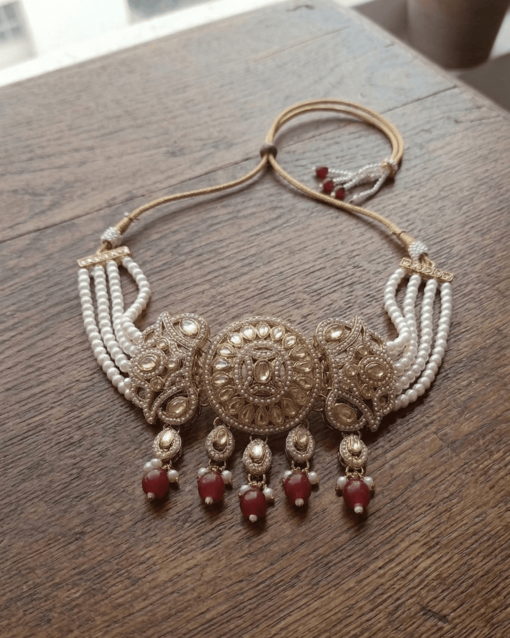 Royal Pearl & Emerald Red Choker Set with Earrings and Maang Tikka - Sannu Fashion Store